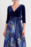 Blue Flower A Line Velvet Long Mother of the Bride Dress with Bow