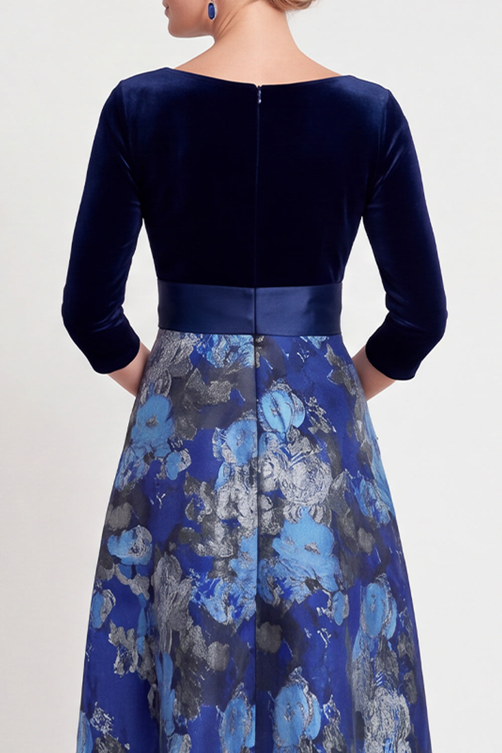 Blue Flower A Line Velvet Long Mother of the Bride Dress with Bow