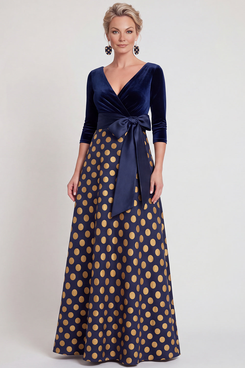 Zapakasa Women Blue Floral A Line Velvet Long Mother of the Bride Dress with Bow 3/4 Sleeves V-Neck Mother of the Groom Dress
