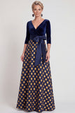 Blue Flower A Line Velvet Long Mother of the Bride Dress with Bow