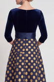 Blue Flower A Line Velvet Long Mother of the Bride Dress with Bow