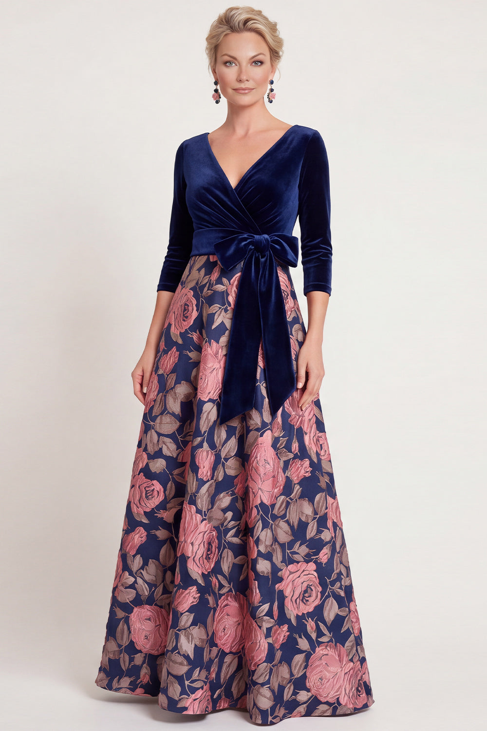 ZAPAKA Women Blue Flower Mother of the Bride Dress with 3/4 Sleeves A-Line V-Neck Long Wedding Guest Dress, Red / US16W