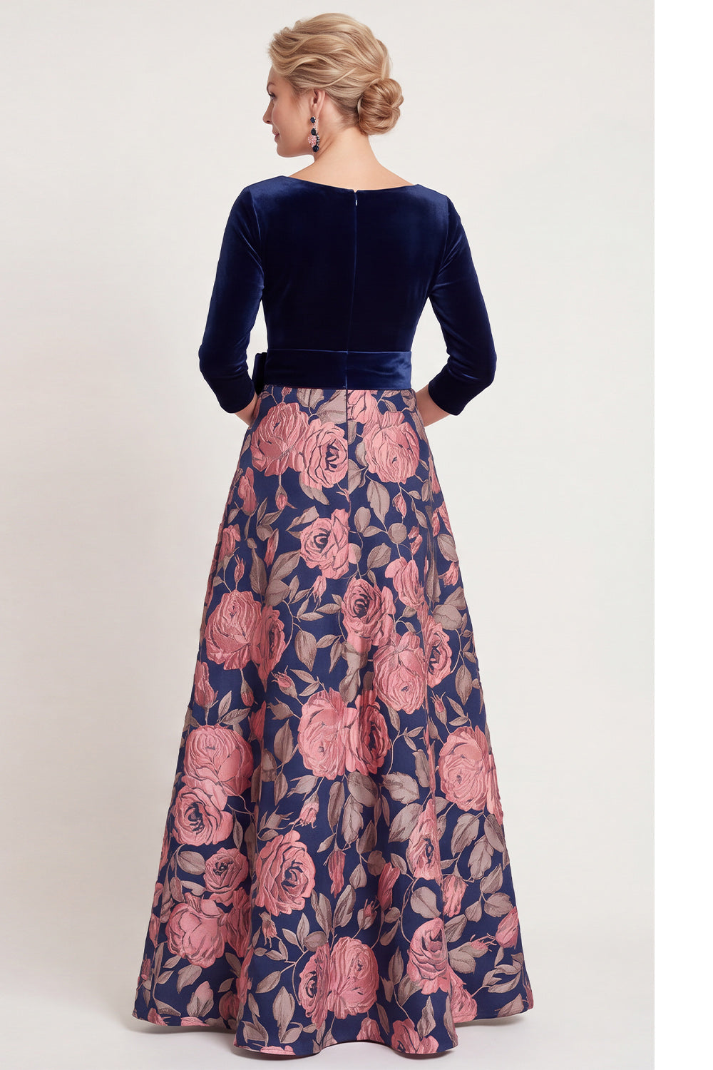 Blue Flower A Line Velvet Long Mother of the Bride Dress with Bow