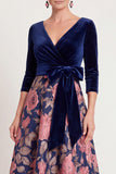 Blue Flower A Line Velvet Long Mother of the Bride Dress with Bow