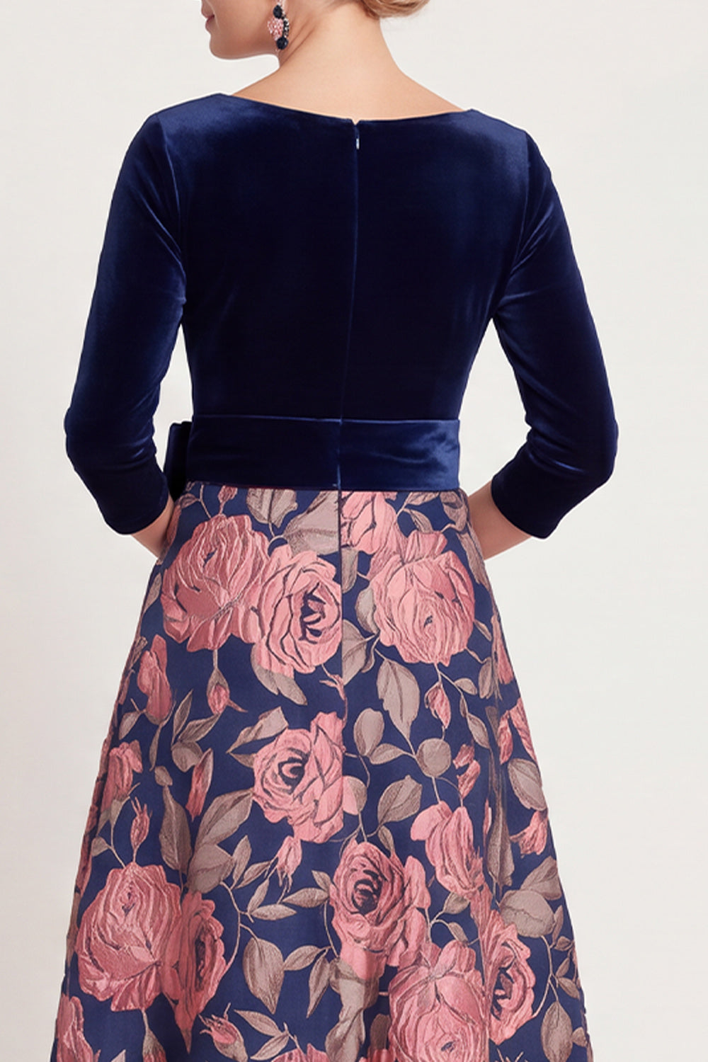Blue Flower A Line Velvet Long Mother of the Bride Dress with Bow