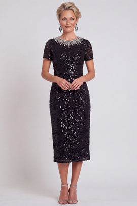 Black Sparkly Sequin Bodycon Midi Mother of the Bride Dress with Sleeves
