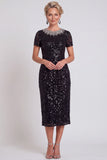 Black Sparkly Sequin Bodycon Midi Mother of the Bride Dress with Sleeves