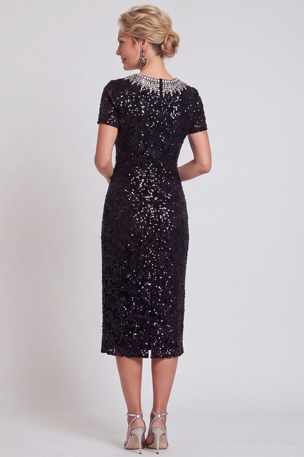 Black Sparkly Sequin Bodycon Midi Mother of the Bride Dress with Sleeves