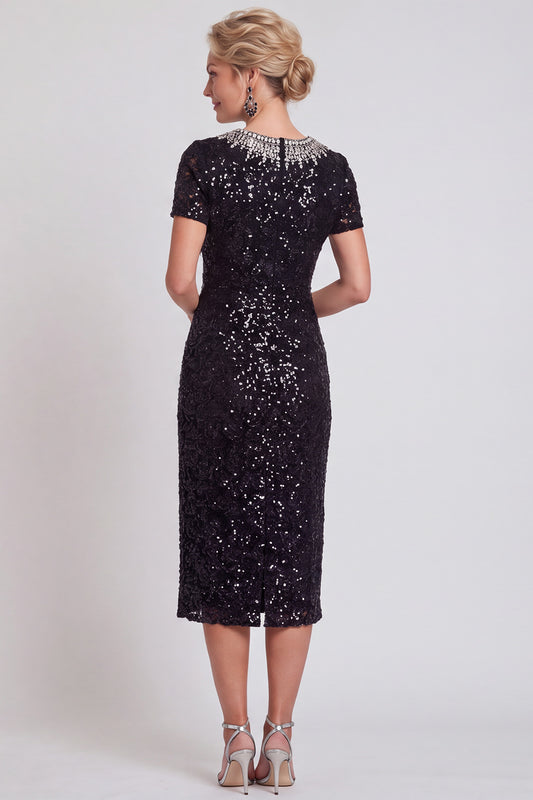 Black Sparkly Sequin Bodycon Midi Mother of the Bride Dress with Sleeves