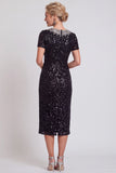 Black Sparkly Sequin Bodycon Midi Mother of the Bride Dress with Sleeves