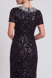 Black Sparkly Sequin Bodycon Midi Mother of the Bride Dress with Sleeves