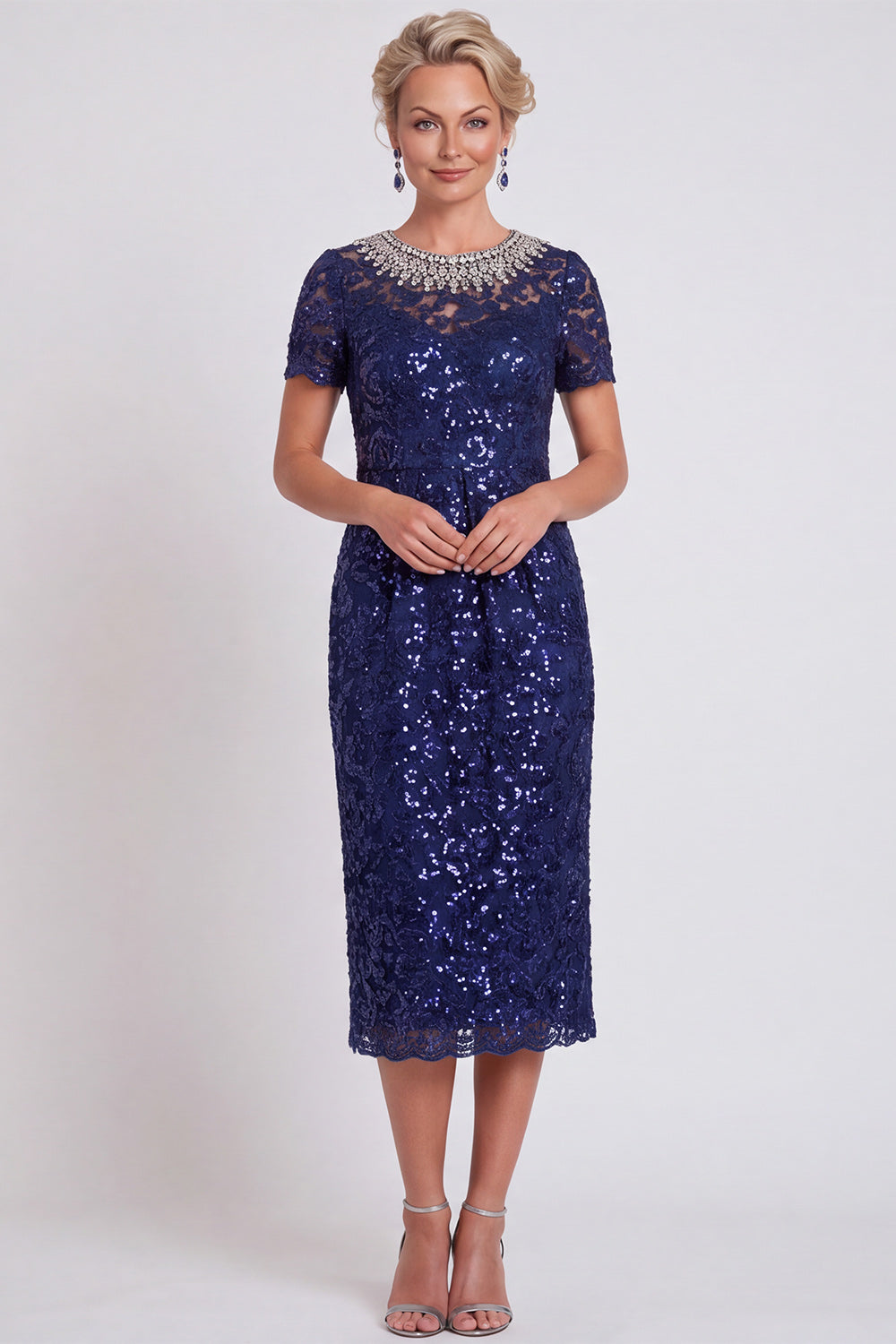 Black Sparkly Sequin Bodycon Midi Mother of the Bride Dress with Sleeves