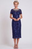 Black Sparkly Sequin Bodycon Midi Mother of the Bride Dress with Sleeves