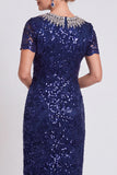 Black Sparkly Sequin Bodycon Midi Mother of the Bride Dress with Sleeves