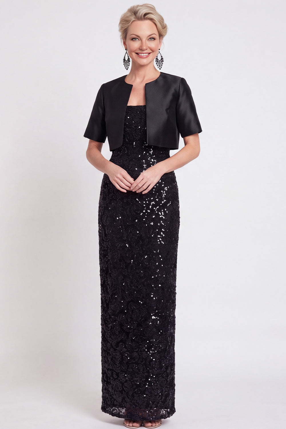 Black Two Piece Sparkly Sequin Sheath Long Mother of the Bride Dress with Jacket