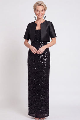 Black Two Piece Sparkly Sequin Sheath Long Mother of the Bride Dress with Jacket