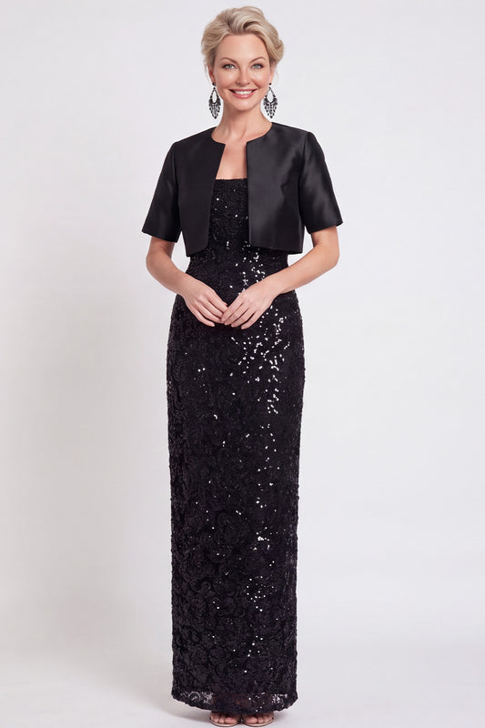 Black Two Piece Sparkly Sequin Sheath Long Mother of the Bride Dress with Jacket