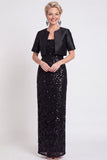 Black Two Piece Sparkly Sequin Sheath Long Mother of the Bride Dress with Jacket