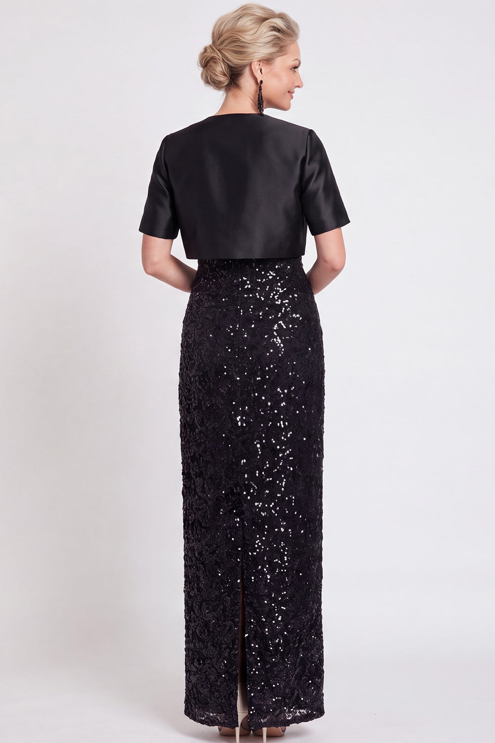 Black Two Piece Sparkly Sequin Sheath Long Mother of the Bride Dress with Jacket