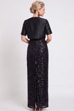 Black Two Piece Sparkly Sequin Sheath Long Mother of the Bride Dress with Jacket