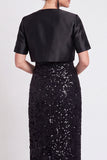 Black Two Piece Sparkly Sequin Sheath Long Mother of the Bride Dress with Jacket