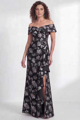 Floral Black Mermaid Ruffled Ruched Long Mother of the Bride Dress with Slit
