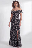 Floral Black Mermaid Ruffled Ruched Long Mother of the Bride Dress with Slit