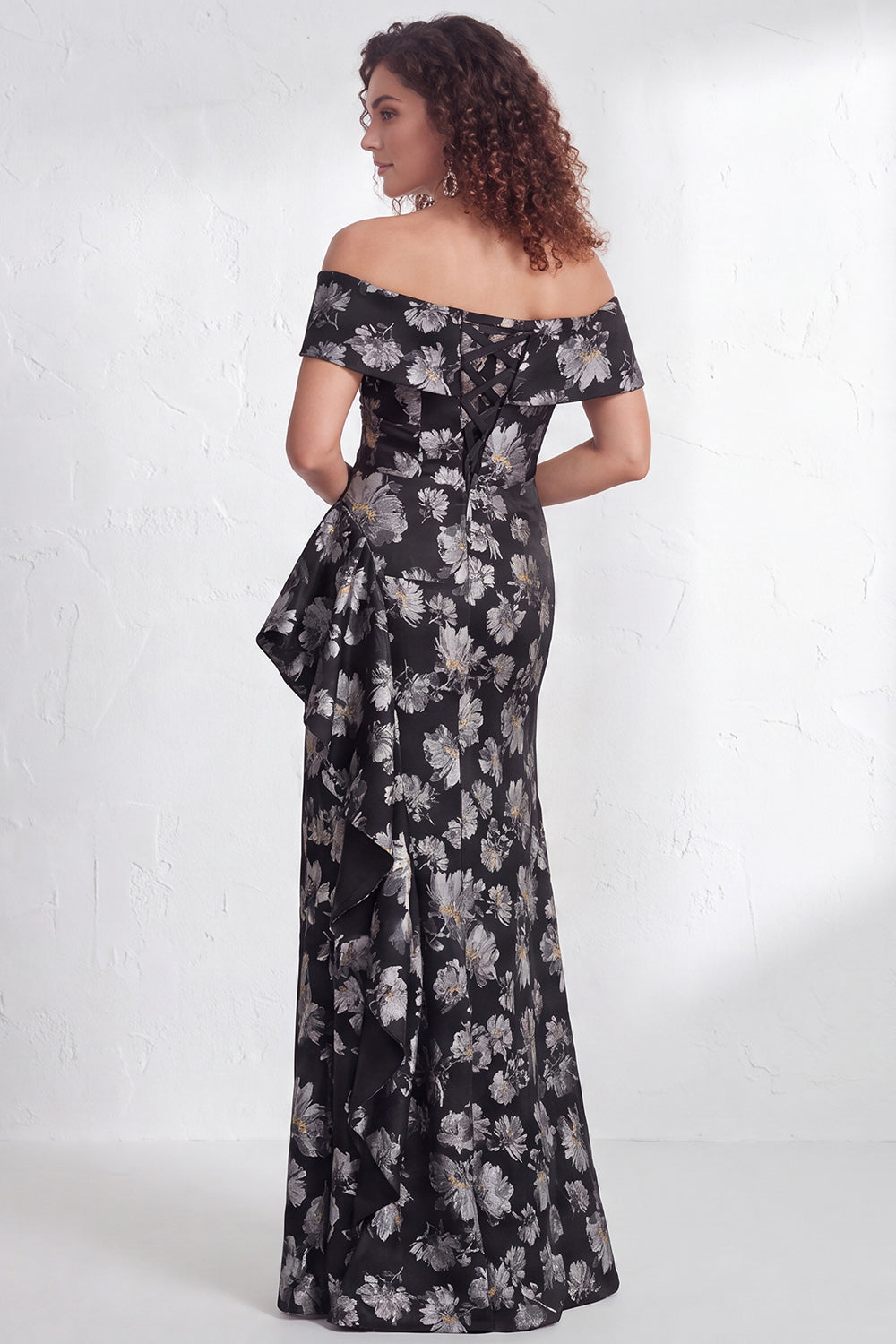 Floral Black Mermaid Ruffled Ruched Long Mother of the Bride Dress with Slit