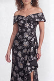 Floral Black Mermaid Ruffled Ruched Long Mother of the Bride Dress with Slit