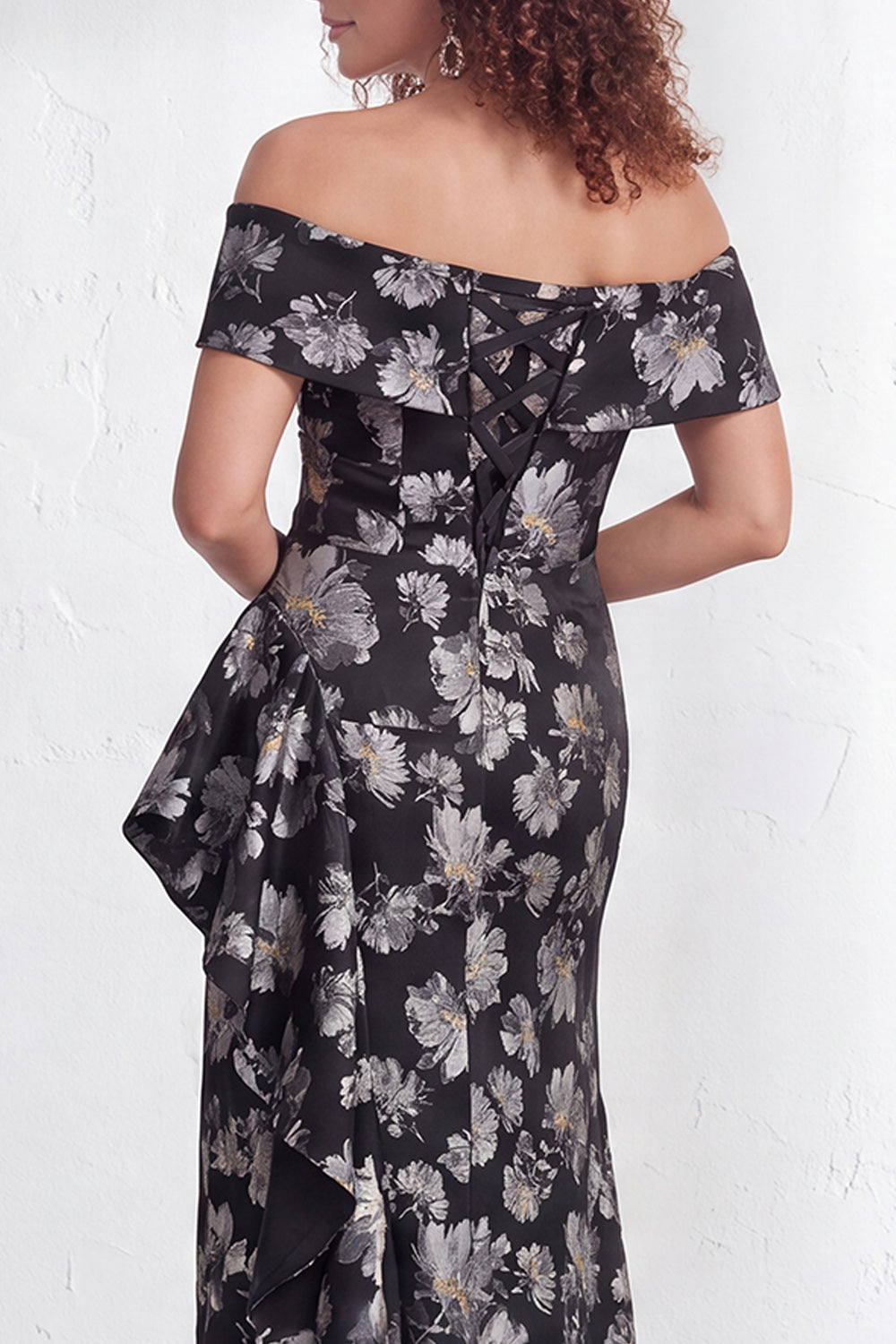Floral Black Mermaid Ruffled Ruched Long Mother of the Bride Dress with Slit
