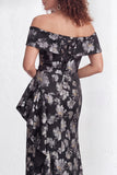 Floral Black Mermaid Ruffled Ruched Long Mother of the Bride Dress with Slit