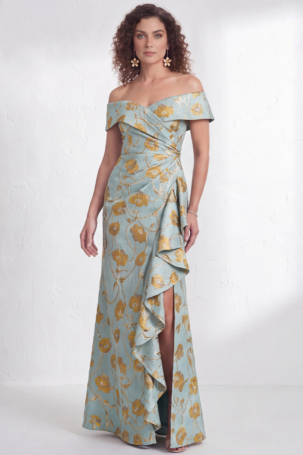 Floral Black Mermaid Ruffled Ruched Long Mother of the Bride Dress with Slit