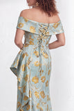 Floral Black Mermaid Ruffled Ruched Long Mother of the Bride Dress with Slit