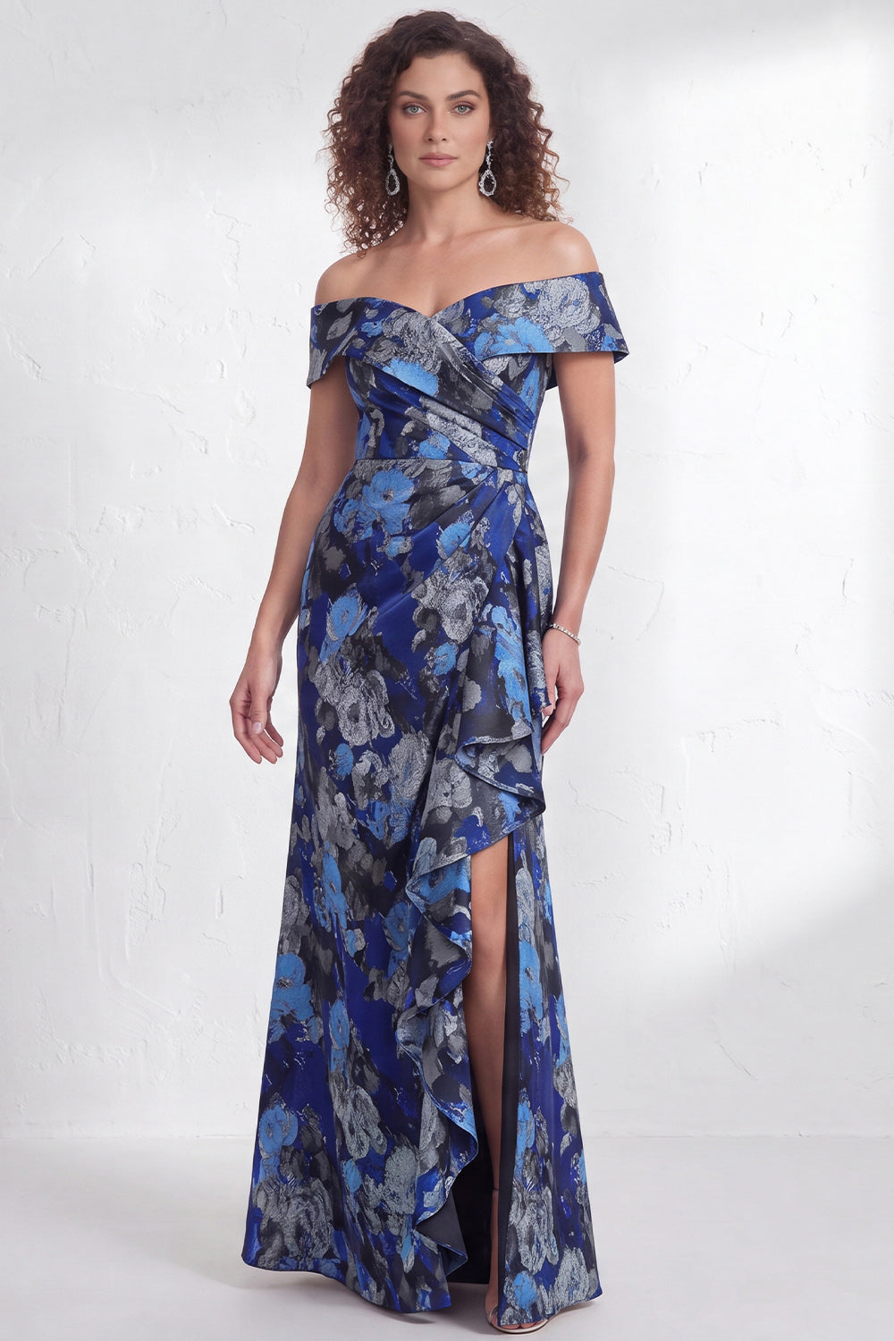 Floral Black Mermaid Ruffled Ruched Long Mother of the Bride Dress with Slit