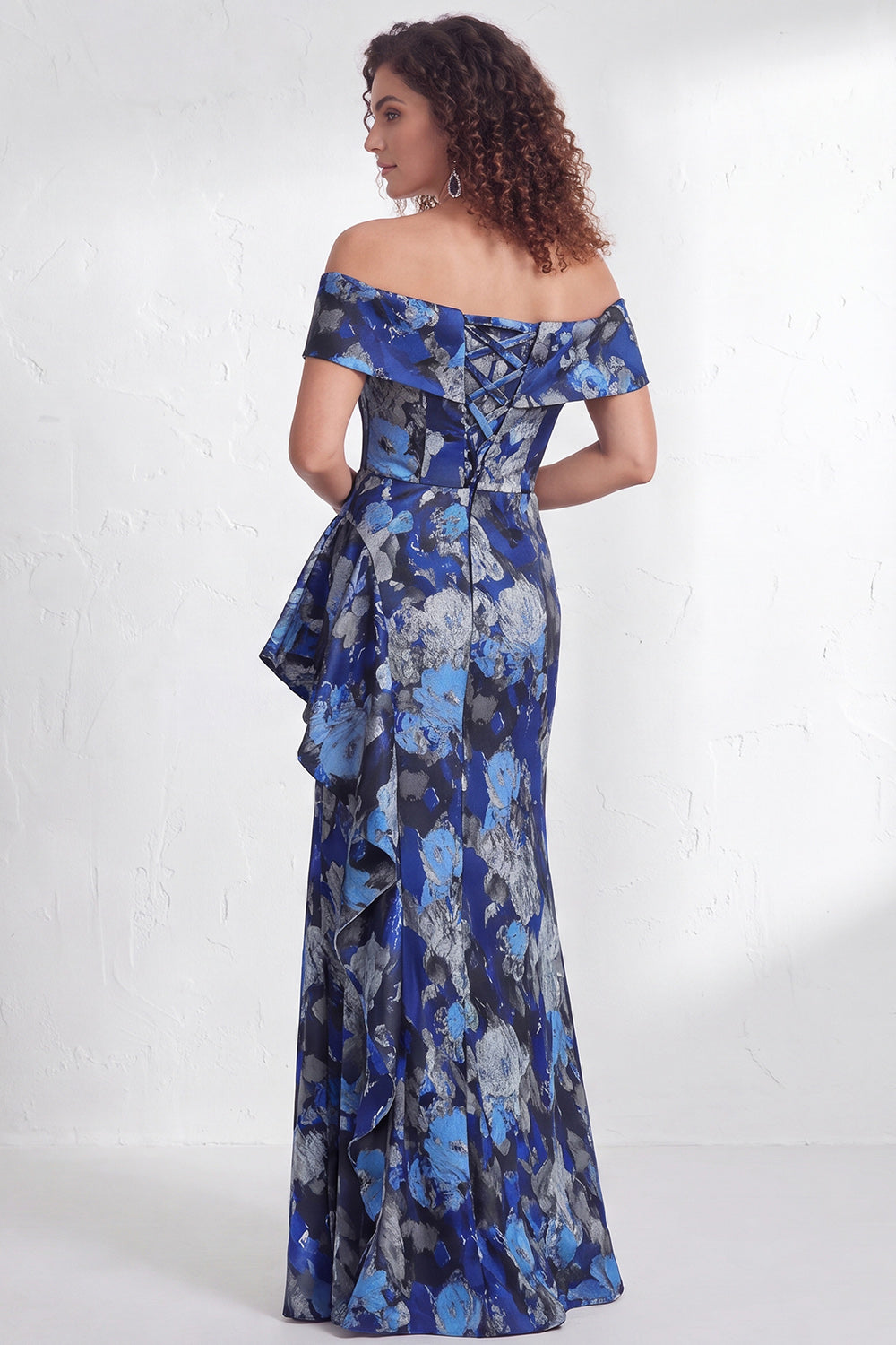 Floral Black Mermaid Ruffled Ruched Long Mother of the Bride Dress with Slit