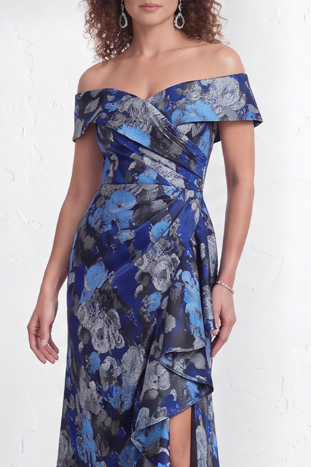 Floral Black Mermaid Ruffled Ruched Long Mother of the Bride Dress with Slit