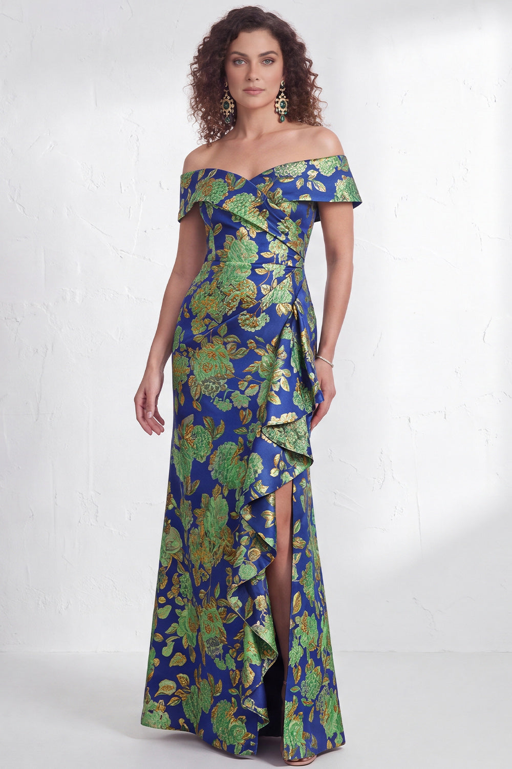 Floral Black Mermaid Ruffled Ruched Long Mother of the Bride Dress with Slit