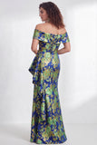 Floral Black Mermaid Ruffled Ruched Long Mother of the Bride Dress with Slit