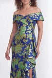 Floral Black Mermaid Ruffled Ruched Long Mother of the Bride Dress with Slit