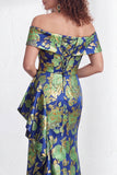 Floral Black Mermaid Ruffled Ruched Long Mother of the Bride Dress with Slit