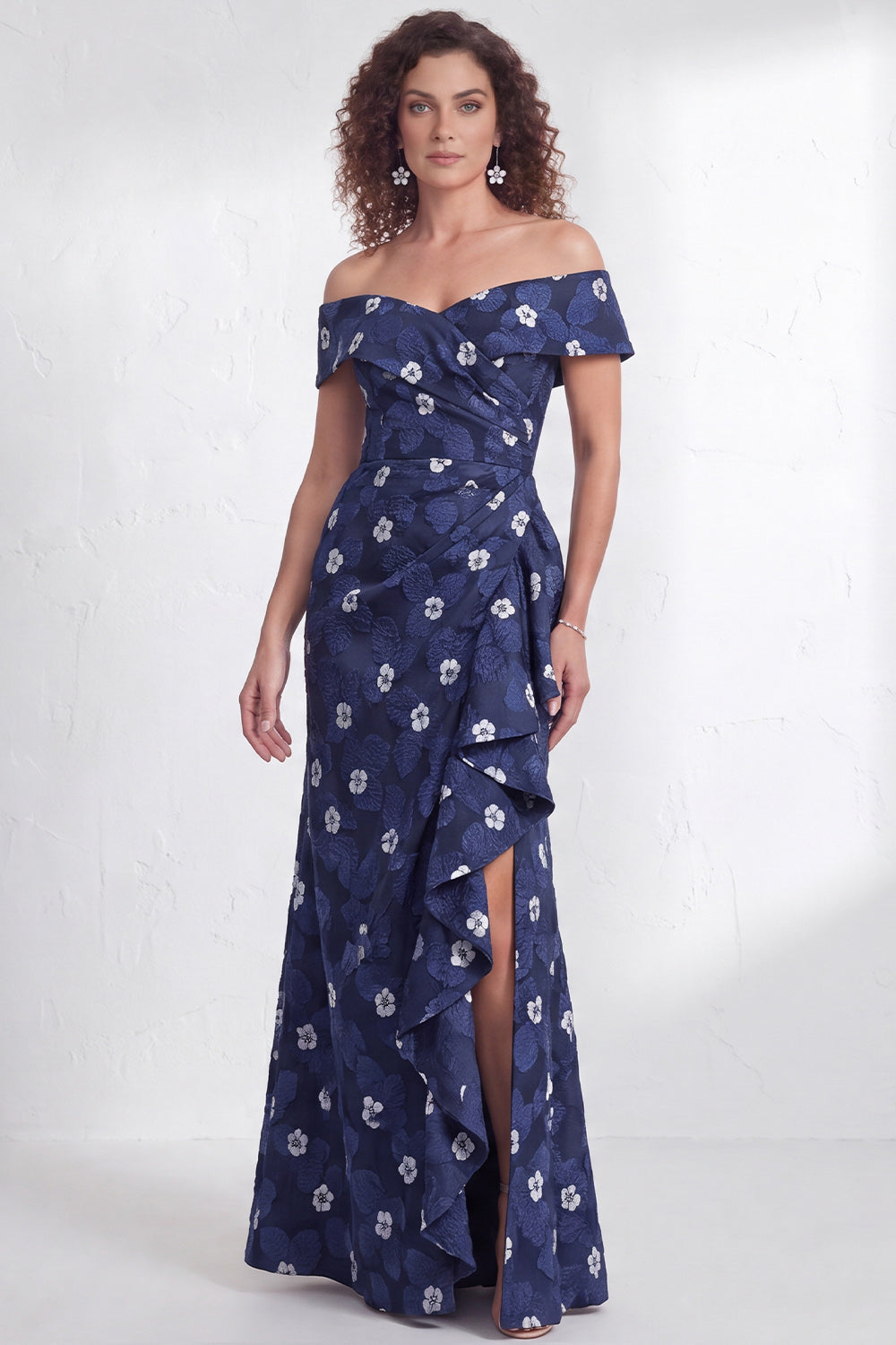 Floral Black Mermaid Ruffled Ruched Long Mother of the Bride Dress with Slit