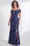 Floral Black Mermaid Ruffled Ruched Long Mother of the Bride Dress with Slit