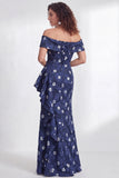 Floral Black Mermaid Ruffled Ruched Long Mother of the Bride Dress with Slit