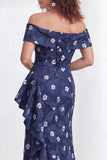 Floral Black Mermaid Ruffled Ruched Long Mother of the Bride Dress with Slit