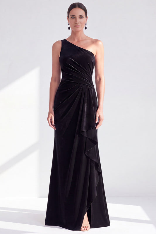 Black Velvet Mermaid One Shoulder Long Mother of the Bride Dress