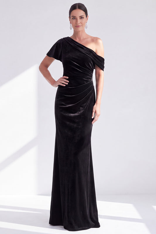 Black Velvet One Shoulder Mermaid Long Mother of the Bride Dress with Sleeve