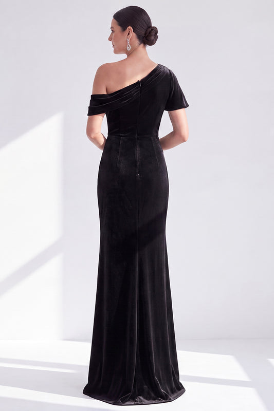 Black Velvet One Shoulder Mermaid Long Mother of the Bride Dress with Sleeve