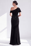 Black Velvet One Shoulder Mermaid Long Mother of the Bride Dress with Sleeve