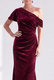 Black Velvet One Shoulder Mermaid Long Mother of the Bride Dress with Sleeve