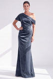 Black Velvet One Shoulder Mermaid Long Mother of the Bride Dress with Sleeve